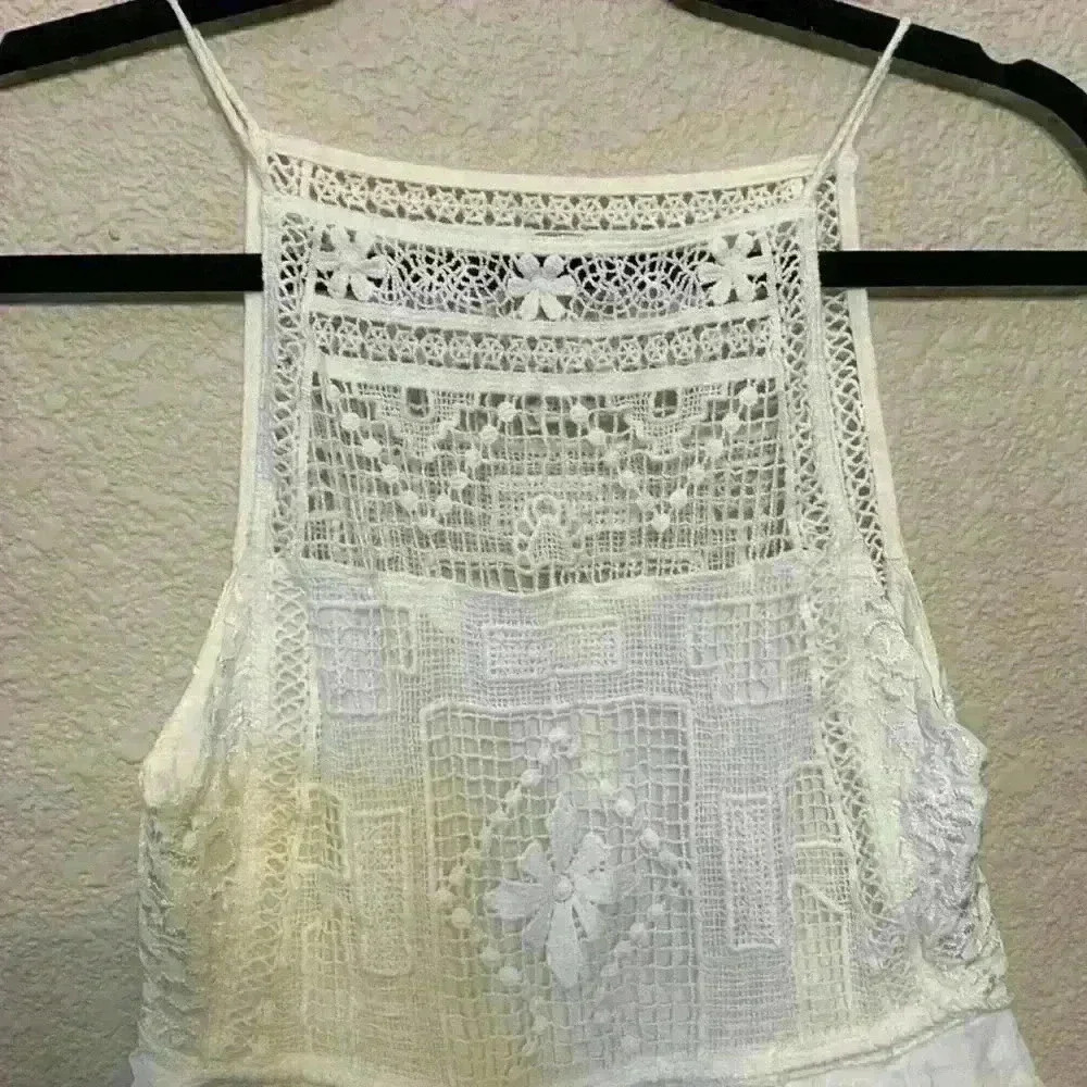 White Free people mini dress sz XS embroidered crochet tiered festival bridal - Picture 2 of 9